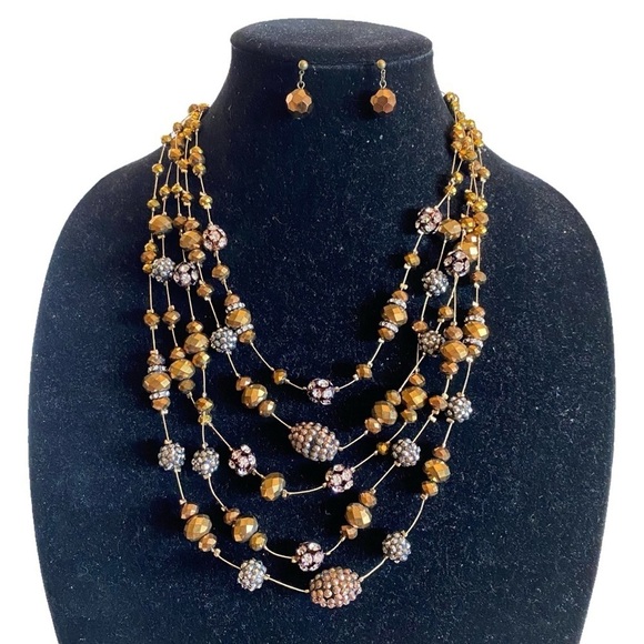 Jewelry - Beaded Necklace & Earring Set Faceted Glass Copper Gunmetal Layered Necklace